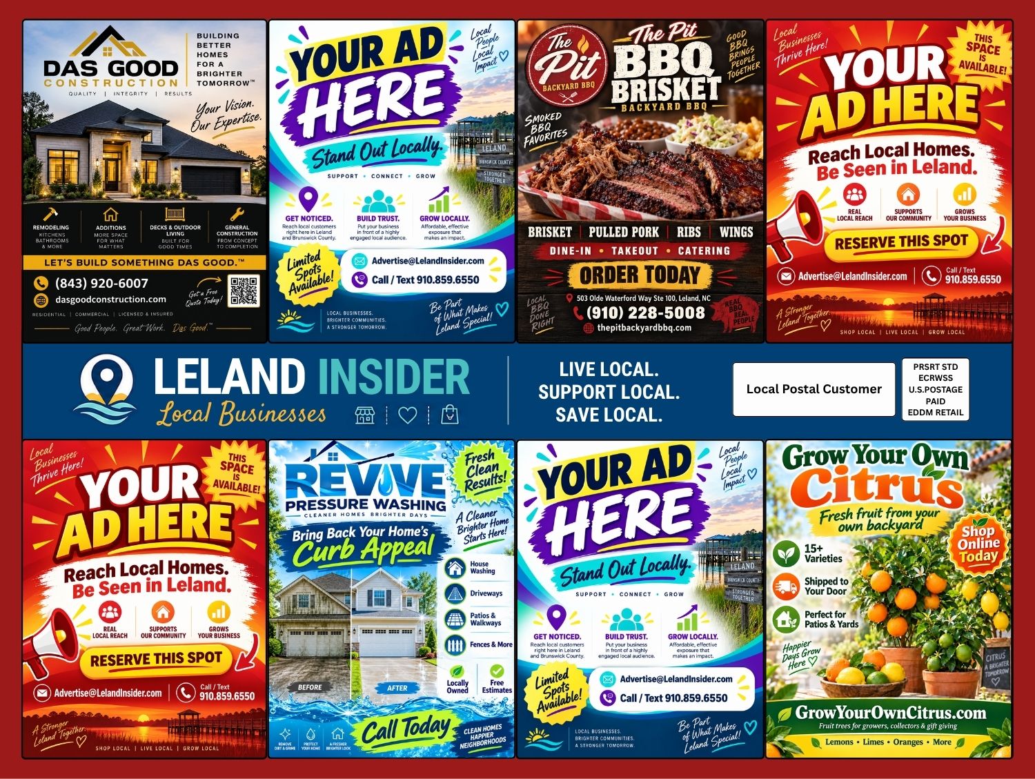 Leland Insider mailer sample card for Leland & nearby Brunswick County communities